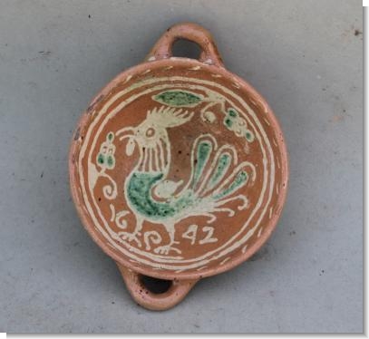 COCKEREL WERRA SLIPWARE PORRINGER dated 1642