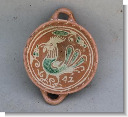 COCKEREL WERRA SLIPWARE PORRINGER dated 1642